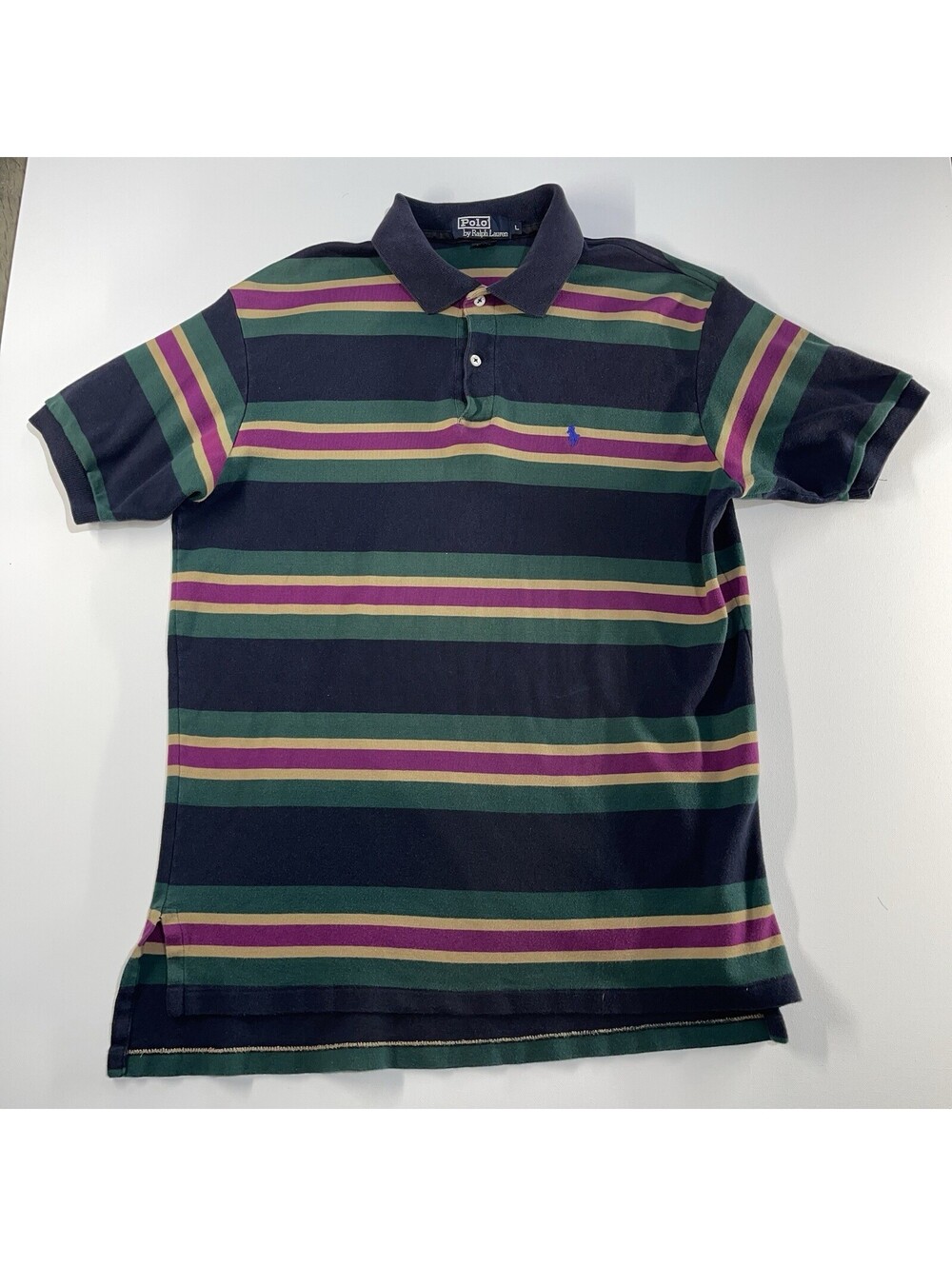 VTG Ralph Lauren Polo Shirt Mens L Green Purple Stripe S/S Button Preppy USA